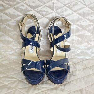 Jimmy Choo Navy Patent Leather Strappy Platform Sandals